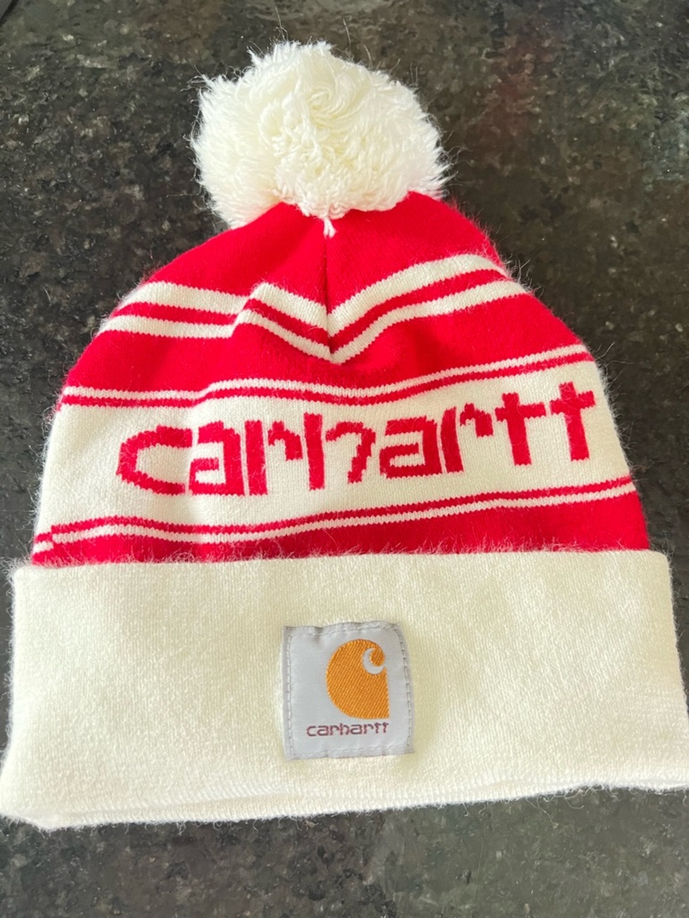 Carhartt Red & Cream Striped Pom Beanie